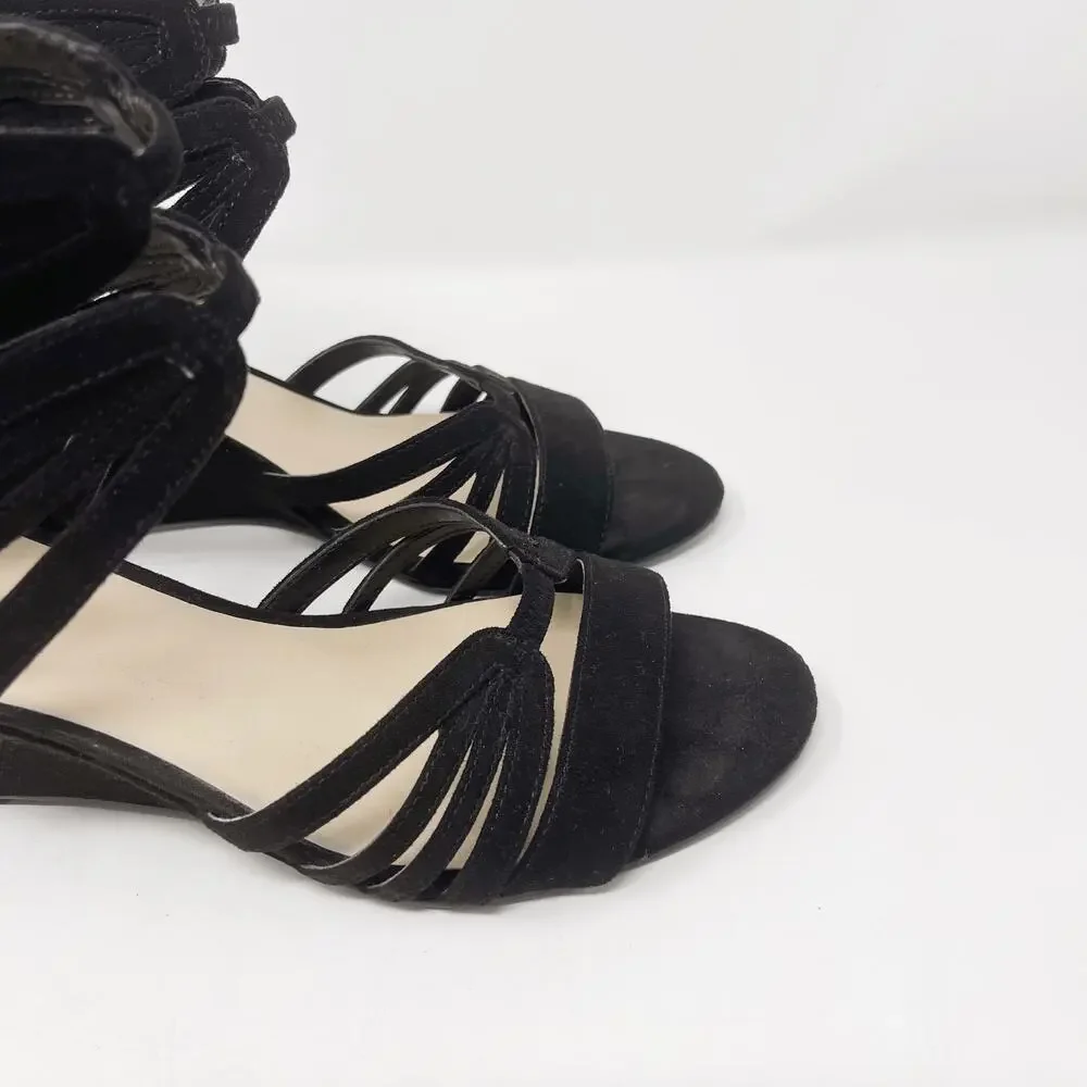 Nine West 6.5 Black Faux Suede Roseo Strappy Wedge Sandals Heeled Zip Back